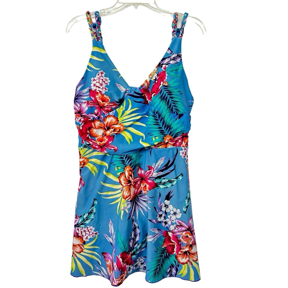 Gloria Vanderbilt Modest Floral Swim‎ Dress Attached Bottoms V-neck Padded Bra